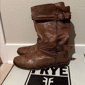 Frye Cognac Leather Buckle Boots